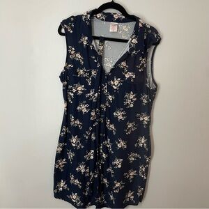 NoBo Womens 2XL Navy Blue Floral Print V-Neck Button Up Dress With Tie Belt EUC